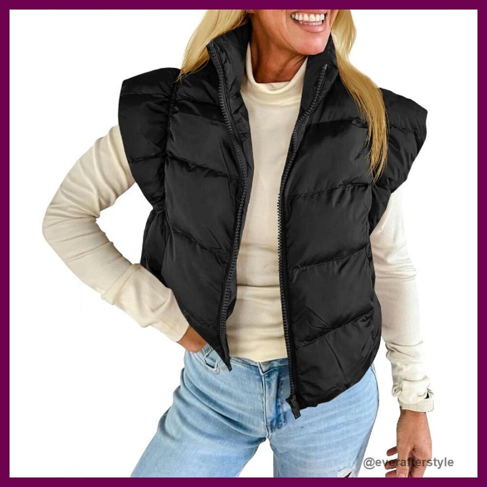 Cropped Puffer Vest Cap Sleeve Zip Up Quilted Jacket Winter Outerwear